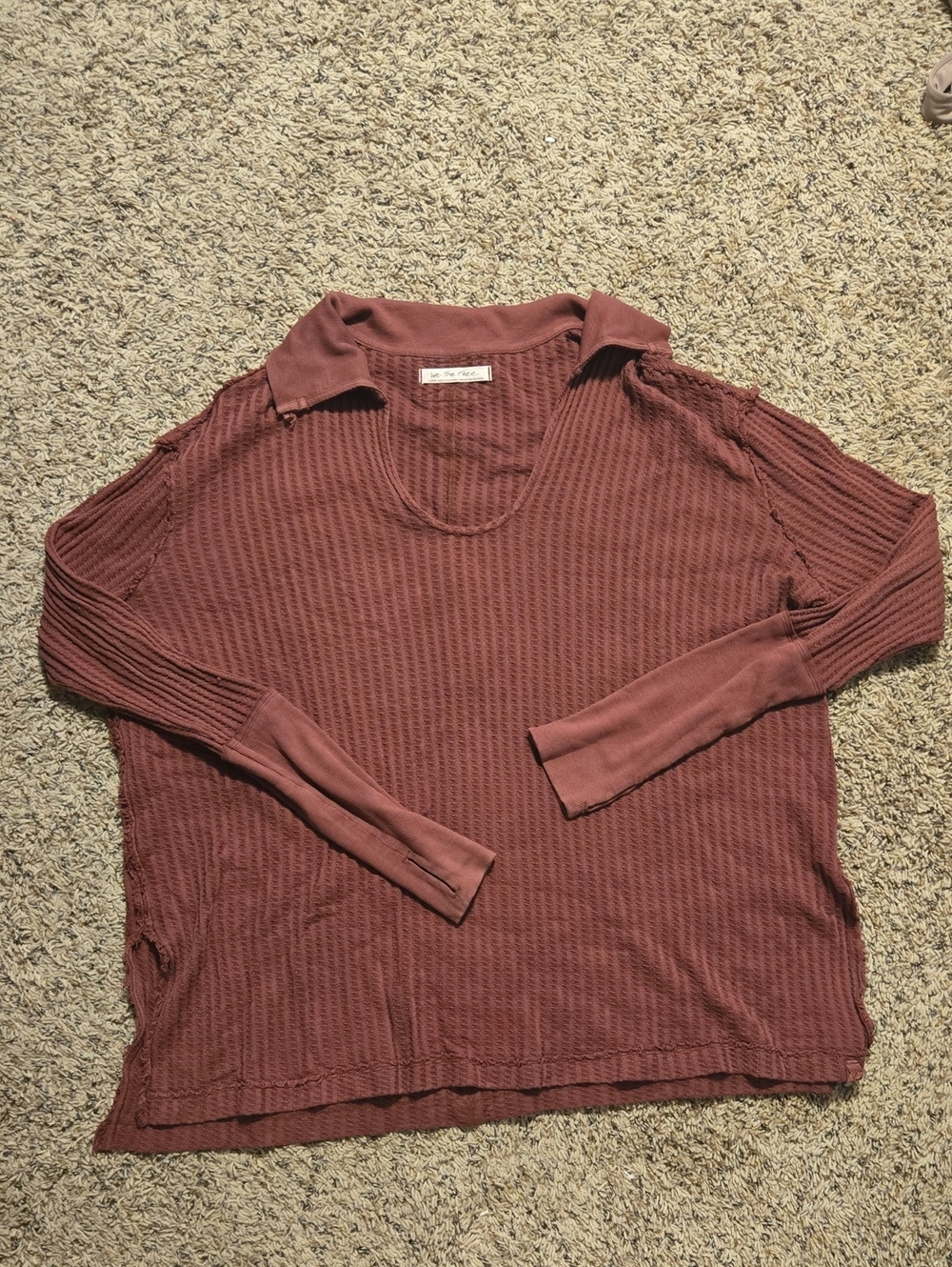 Free People Ribbed Long Sleeve Collared Top - Dusty Tose